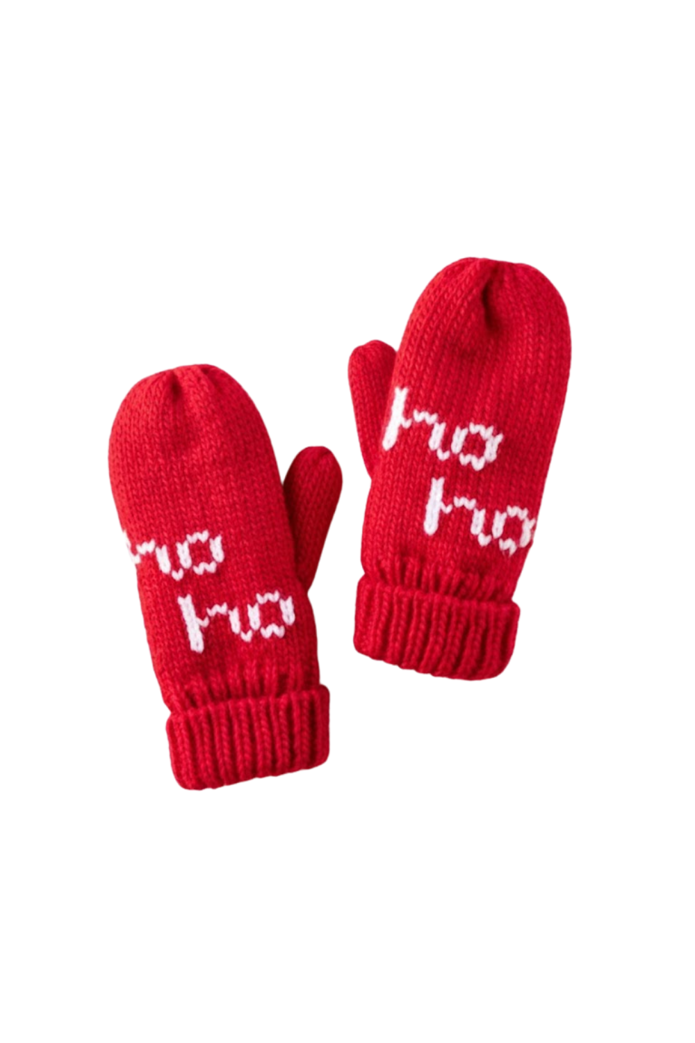 Red mittens with white text on a white background