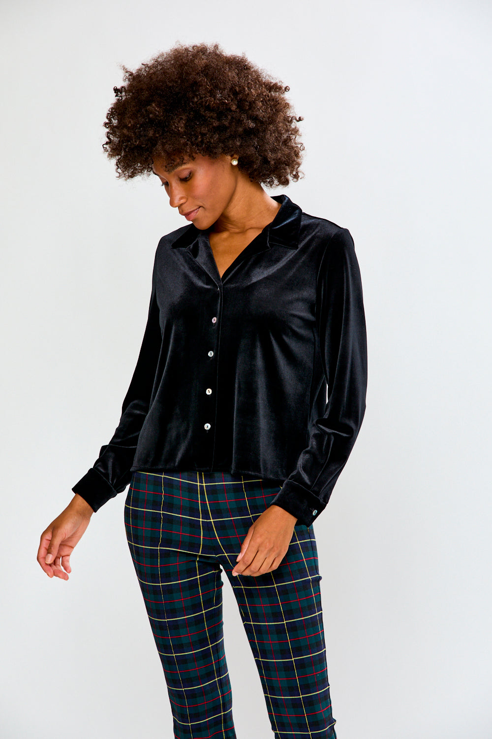 Woman wearing The Ash Top in Stretch Velvet
