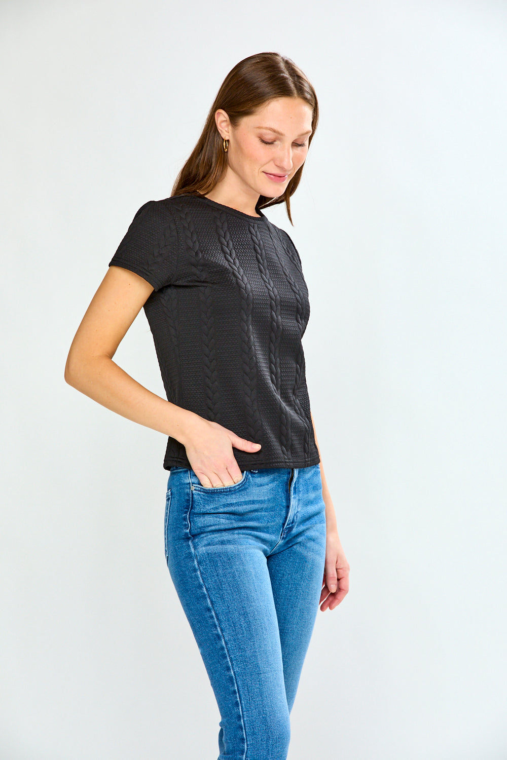 Woman wearing The Pamela Top in Cable