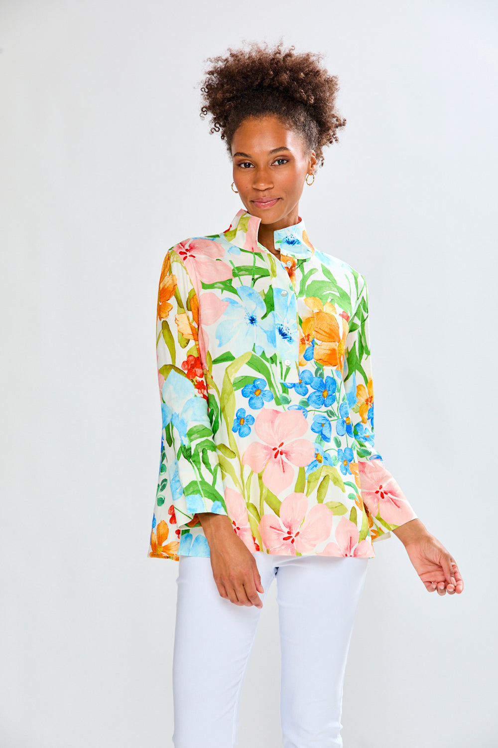 Woman in floral print tunic