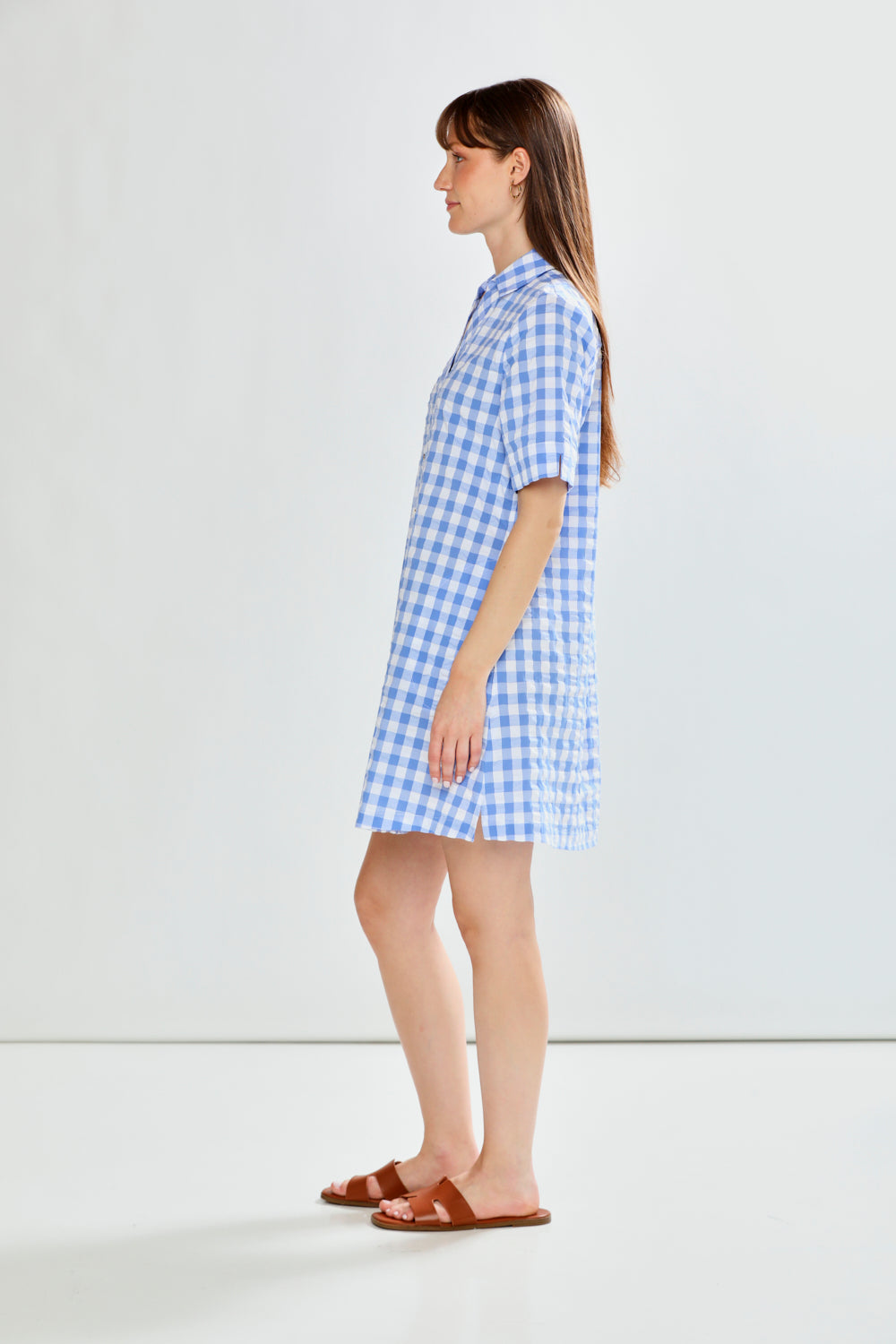 woman in check dress