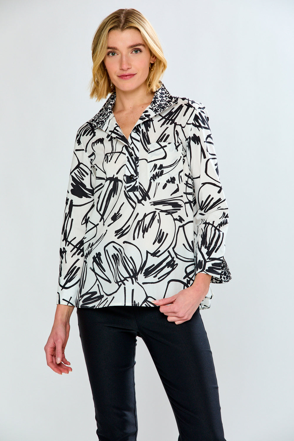 woman in floral top