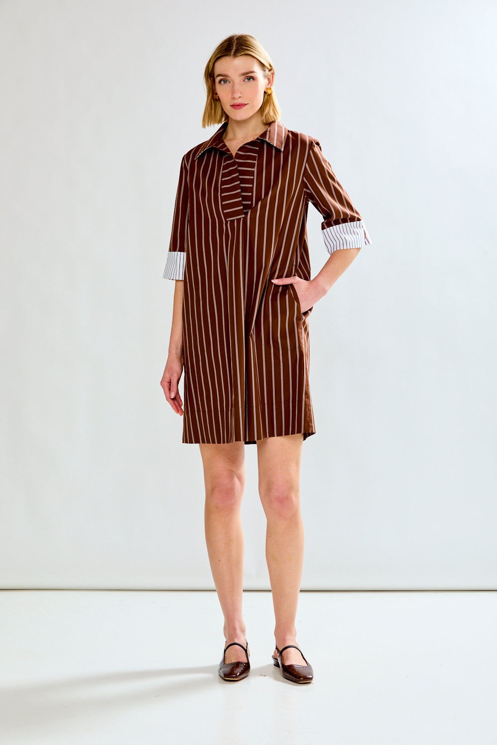 The Beverly Dress in Brown Stripe M