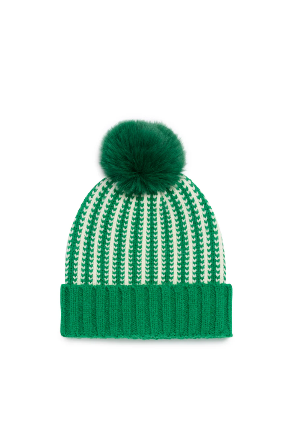 Green and white striped beanie with a pom-pom on a white background