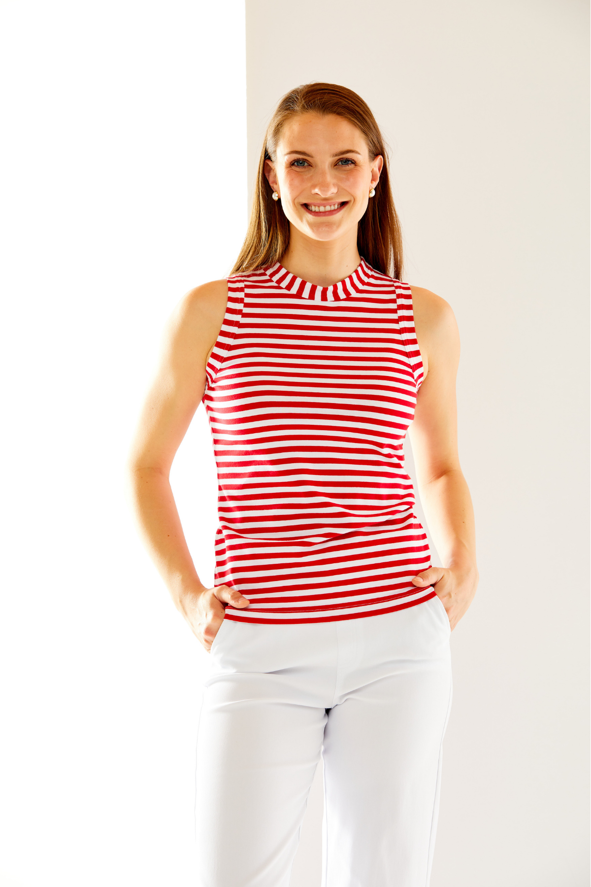 Woman in red/white stripe top