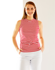 Woman in red/white stripe top