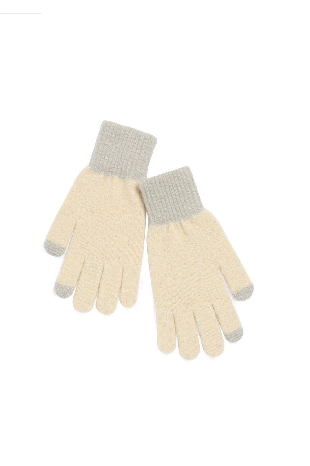 Pair of gloves with oatmeal palm and gray cuffs on a white background