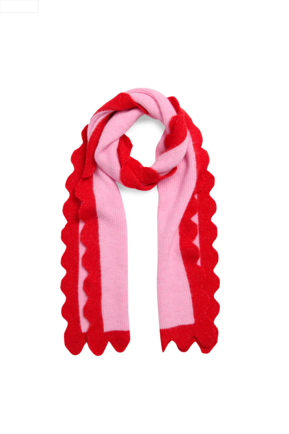 Pink and red striped scarf with scalloped edges on a white background