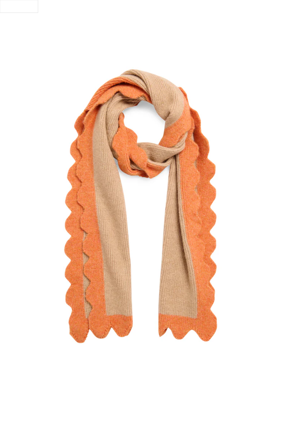 Tan scarf with scalloped edges on a white background