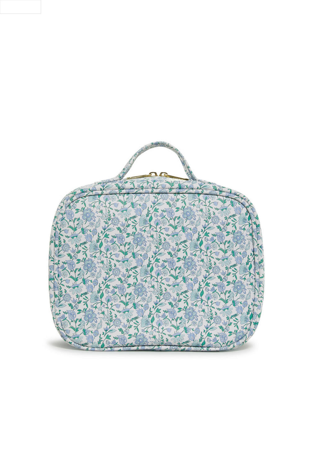 Floral-patterned toiletry bag on a white background