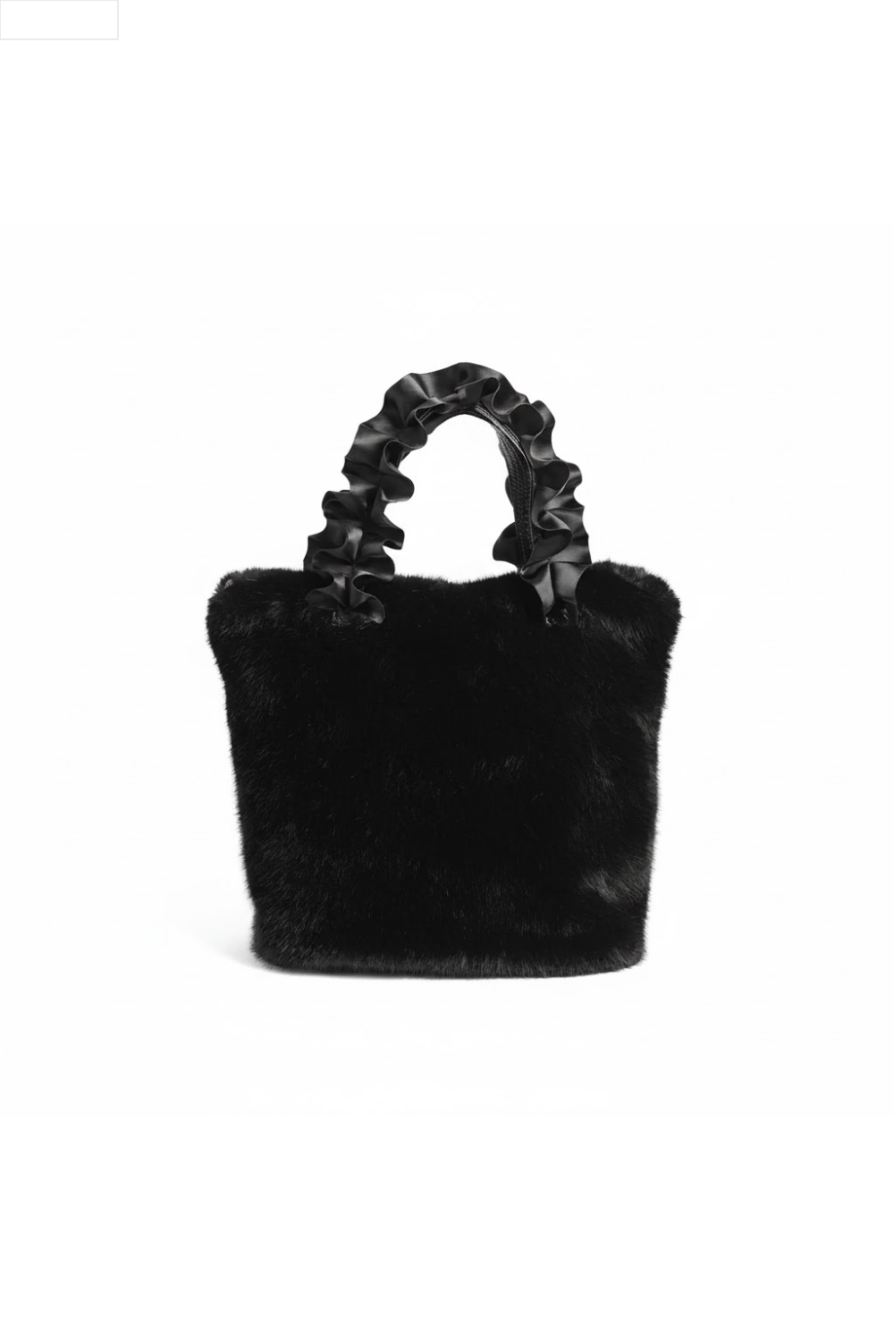Black fur handbag with ruffled handles on a white background