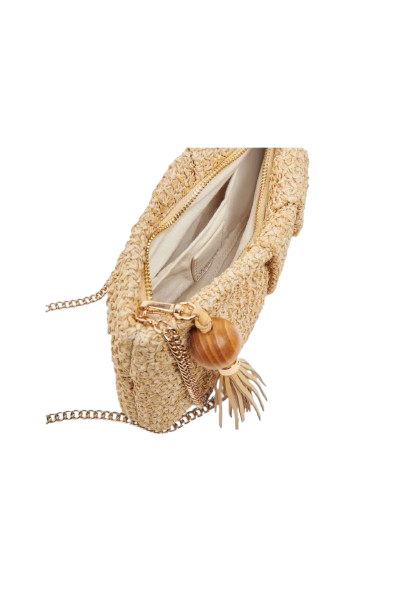 Beige straw clutch bag with tassel on a white background
