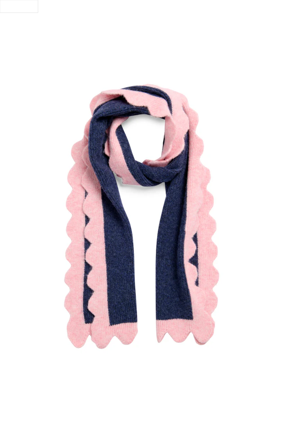 Navy and pink scarf with scalloped edges on a white background