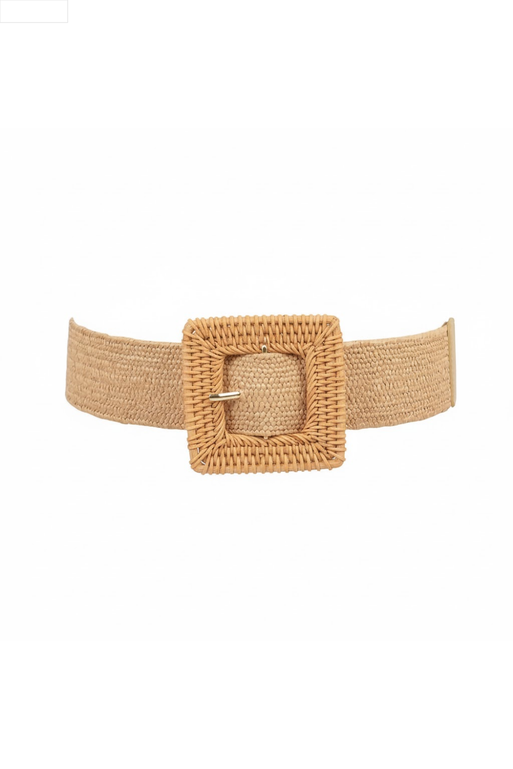 Beige woven belt with a square buckle on a white background
