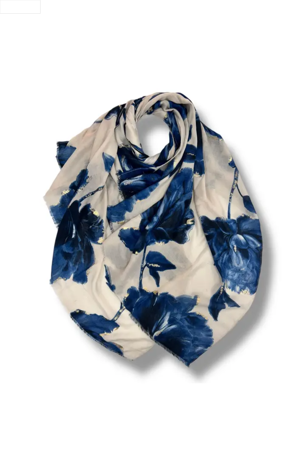 Blue floral patterned scarf on a white background