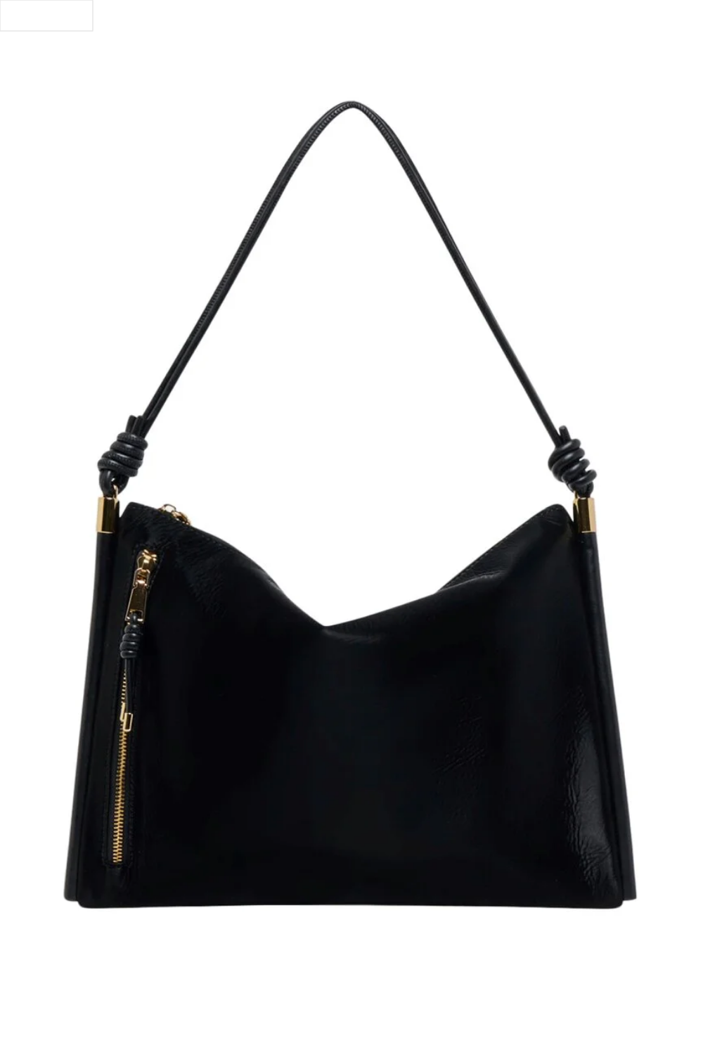 Black handbag with gold zippers on a white background