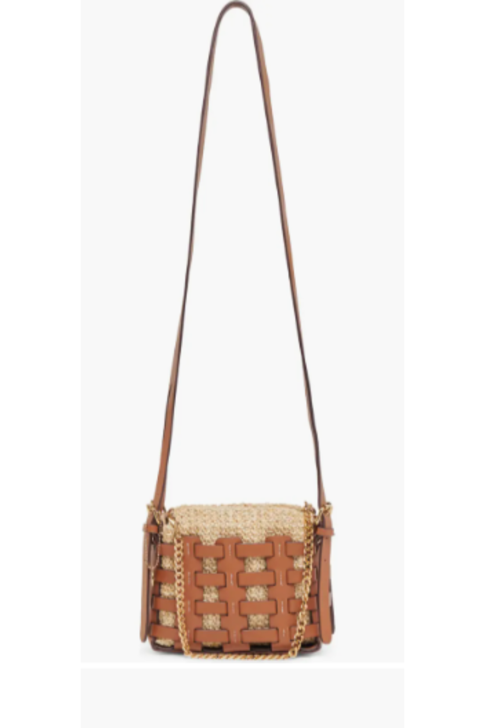 Brown woven handbag with a strap on a white background