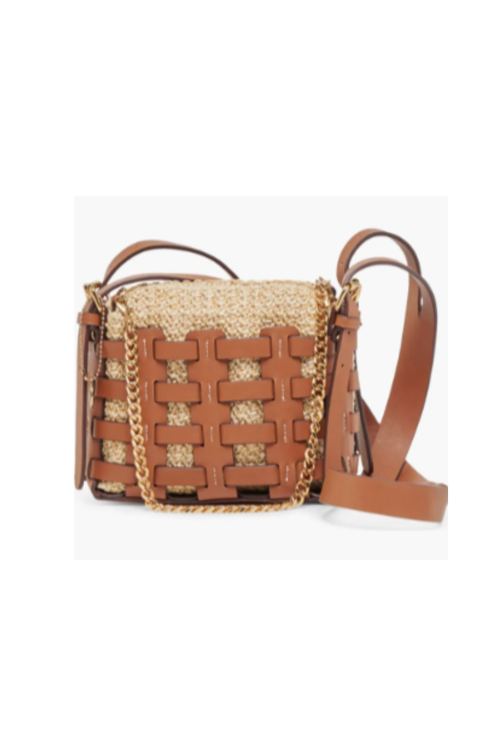 Brown woven handbag with leather accents on a white background