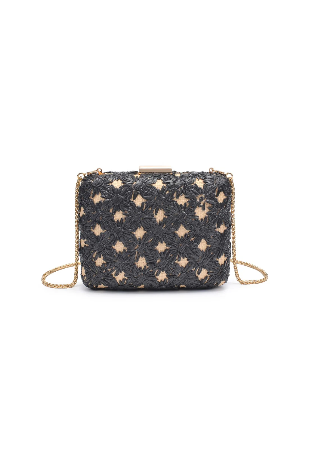 Floral patterned handbag with chain strap on a white background
