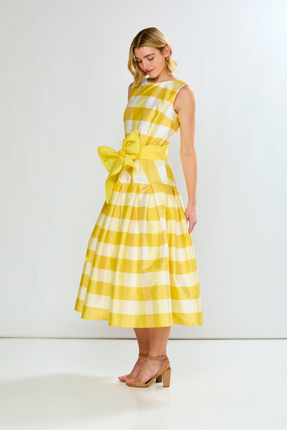 The Giselle Dress in Tea Length in Yellow Gingham