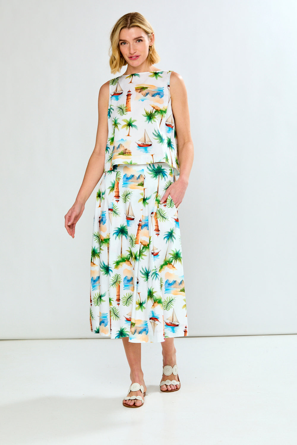woman in costal boat neck top