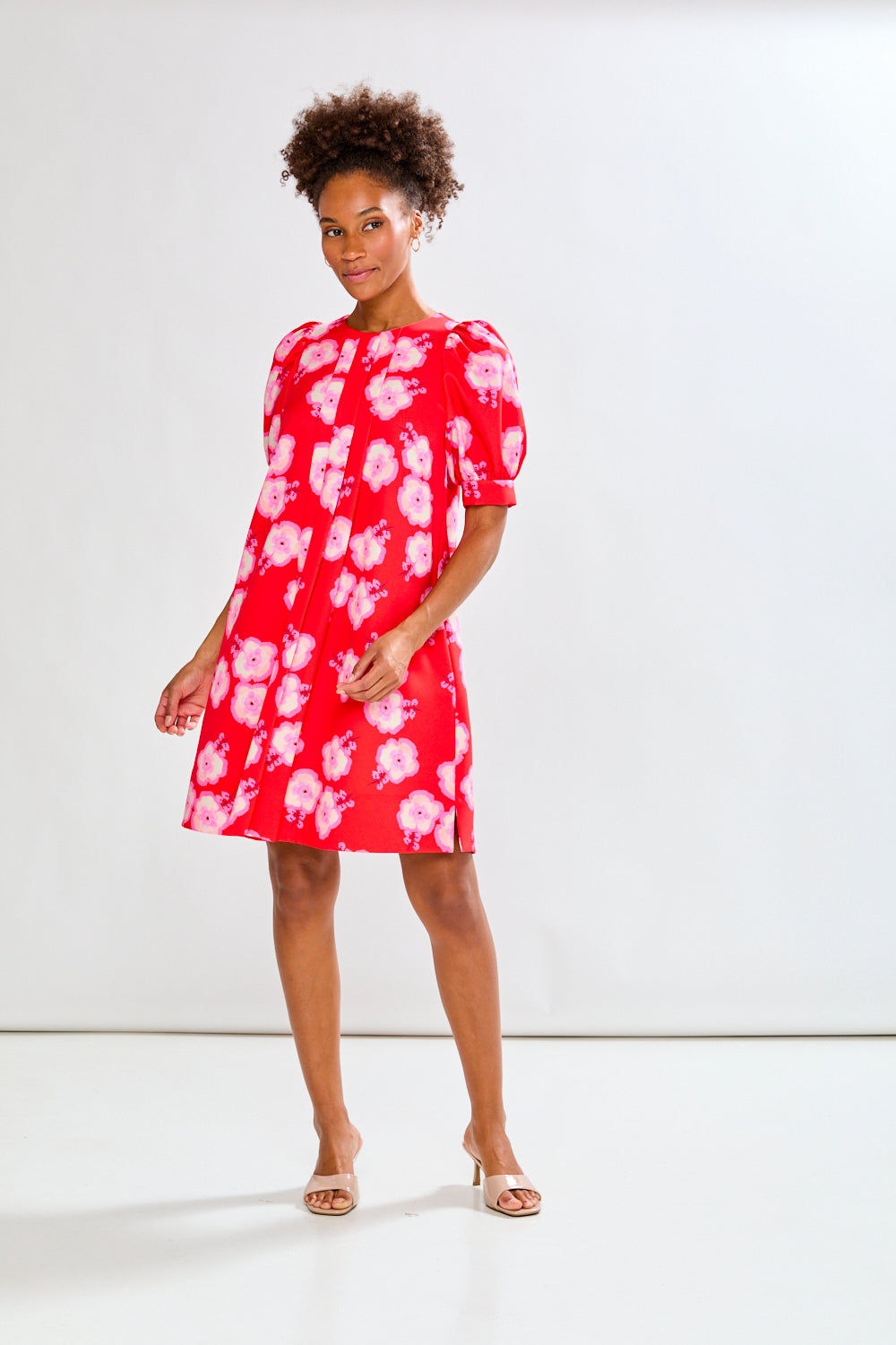 Woman wearing The Fran Dress in Pink & Red Poppies