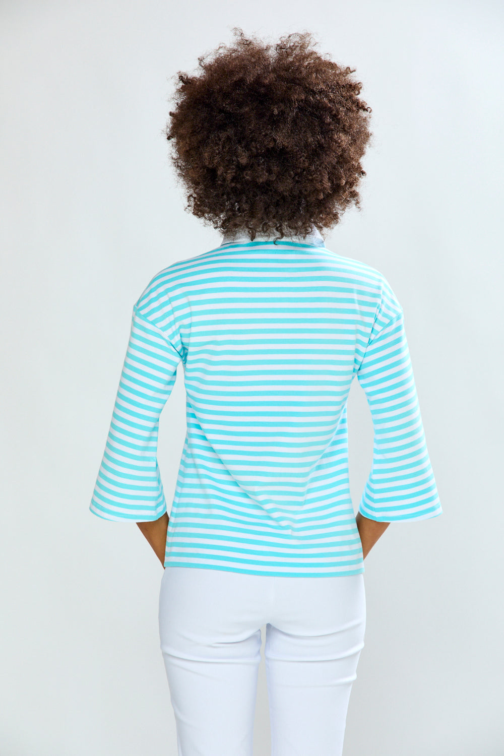 Woman in Aqua & White Stripe Top