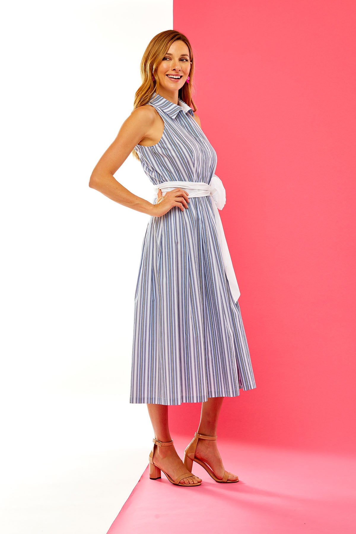 Woman in striped cotton dress