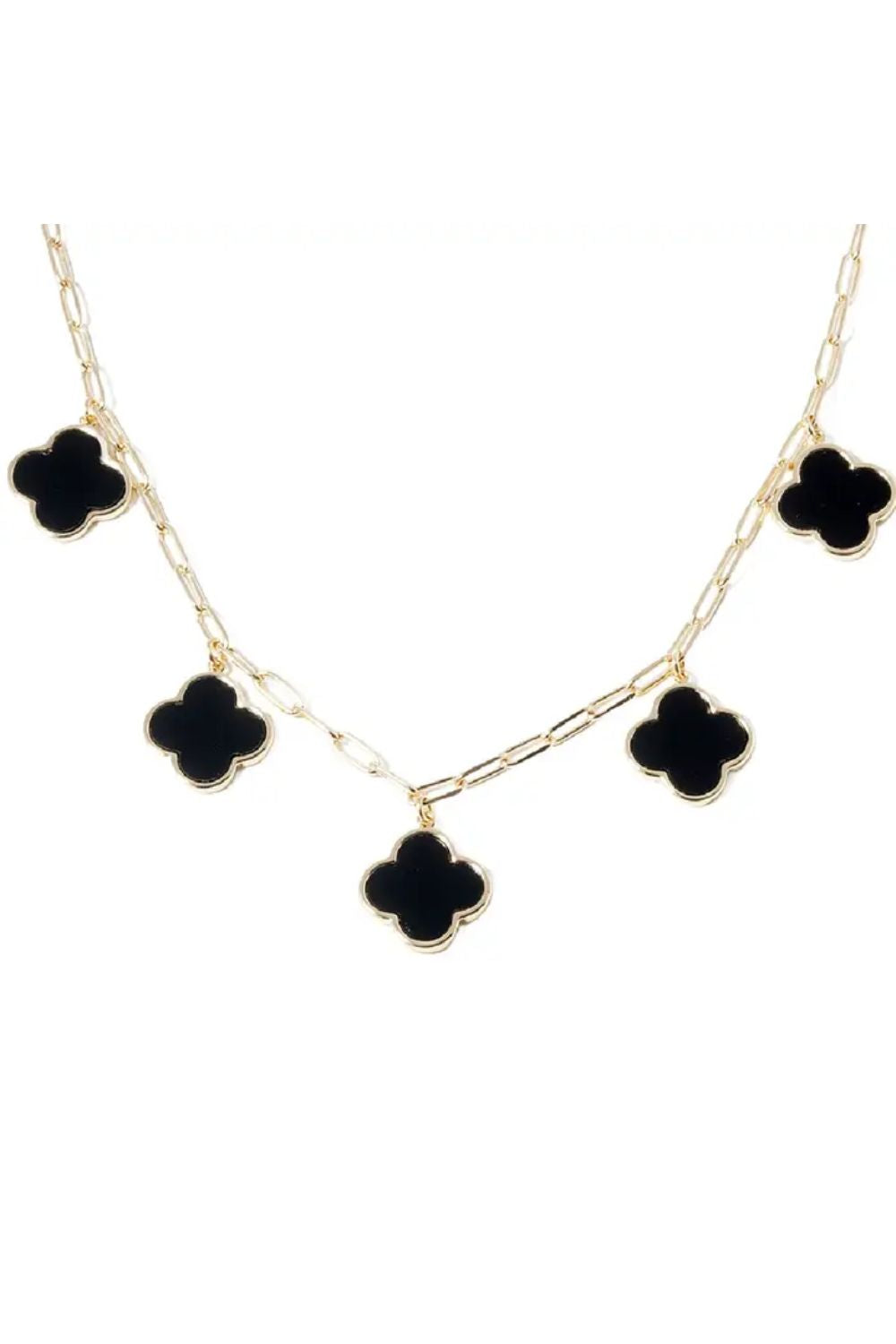 Necklace with black clover-shaped pendants on a white background
