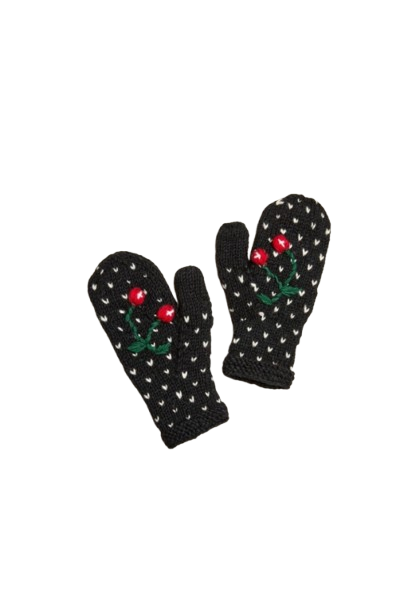 Pair of black mittens with cherry design on a white background