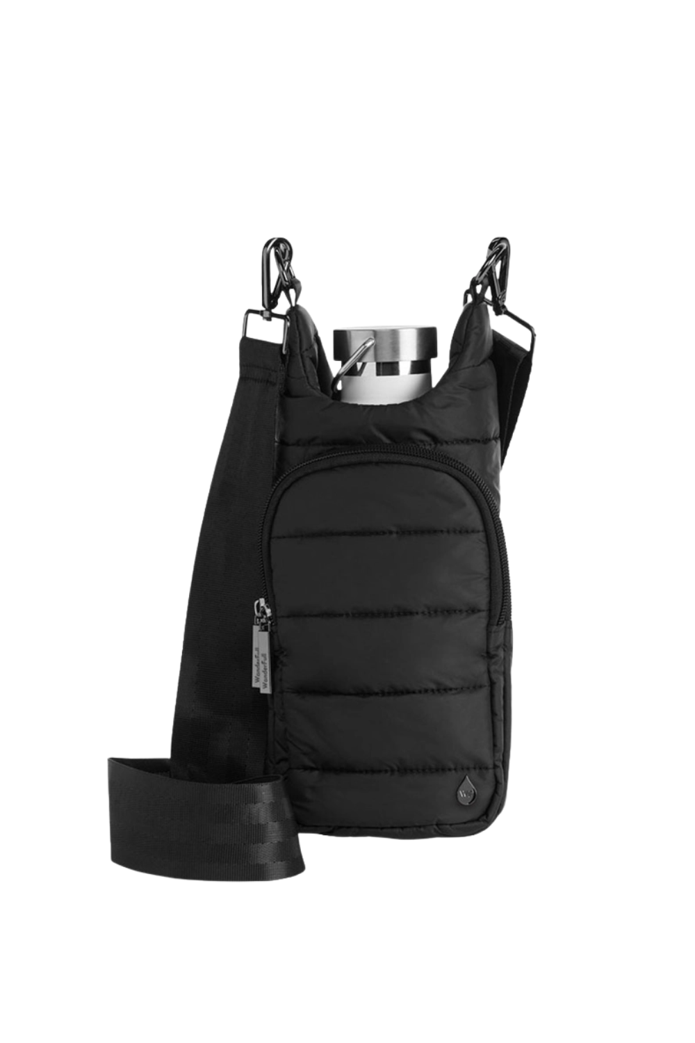 Black insulated backpack with a detachable water bottle holder on a white background