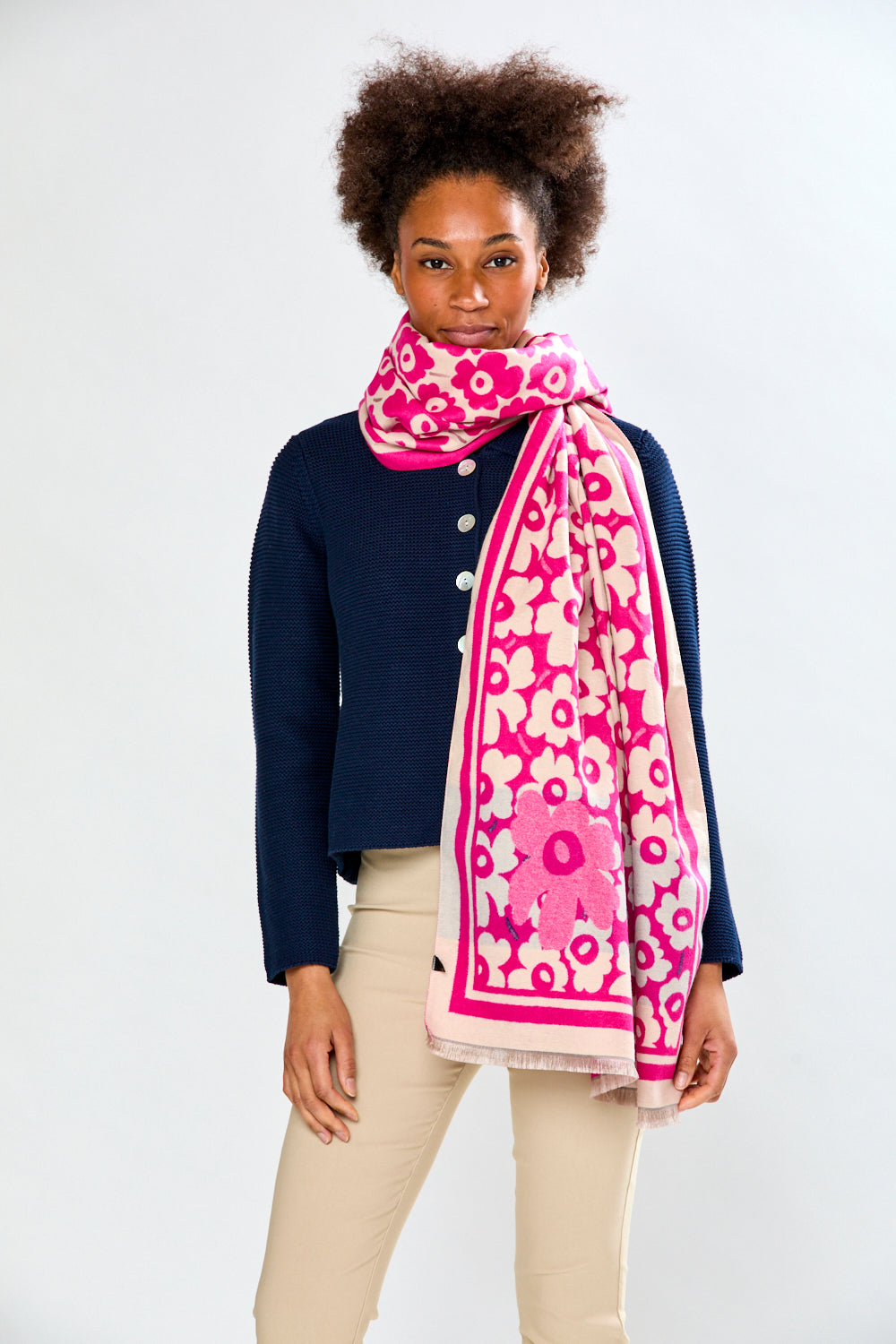 Woman in pink floral scarf