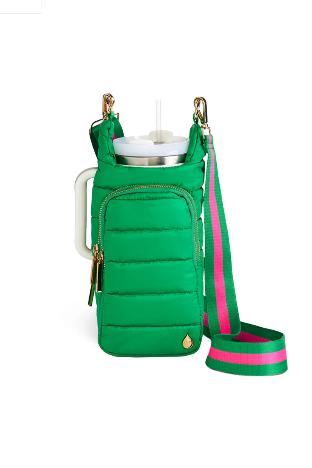 Kelly green puffer water bottle bag on a white background