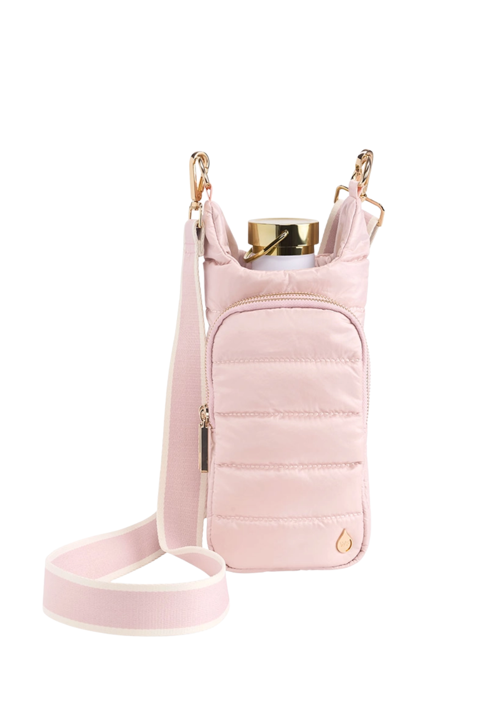 Pink quilted handbag with a strap on a white background