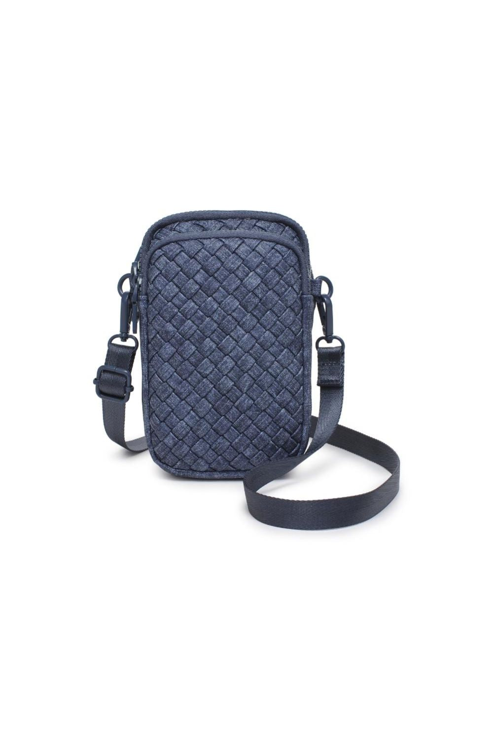 Navy blue woven crossbody bag on a white background