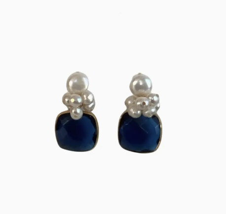 Sapphire and pearl post earrings