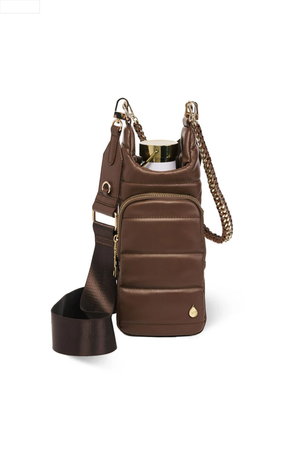 Brown leather handbag with gold chain strap on a white background