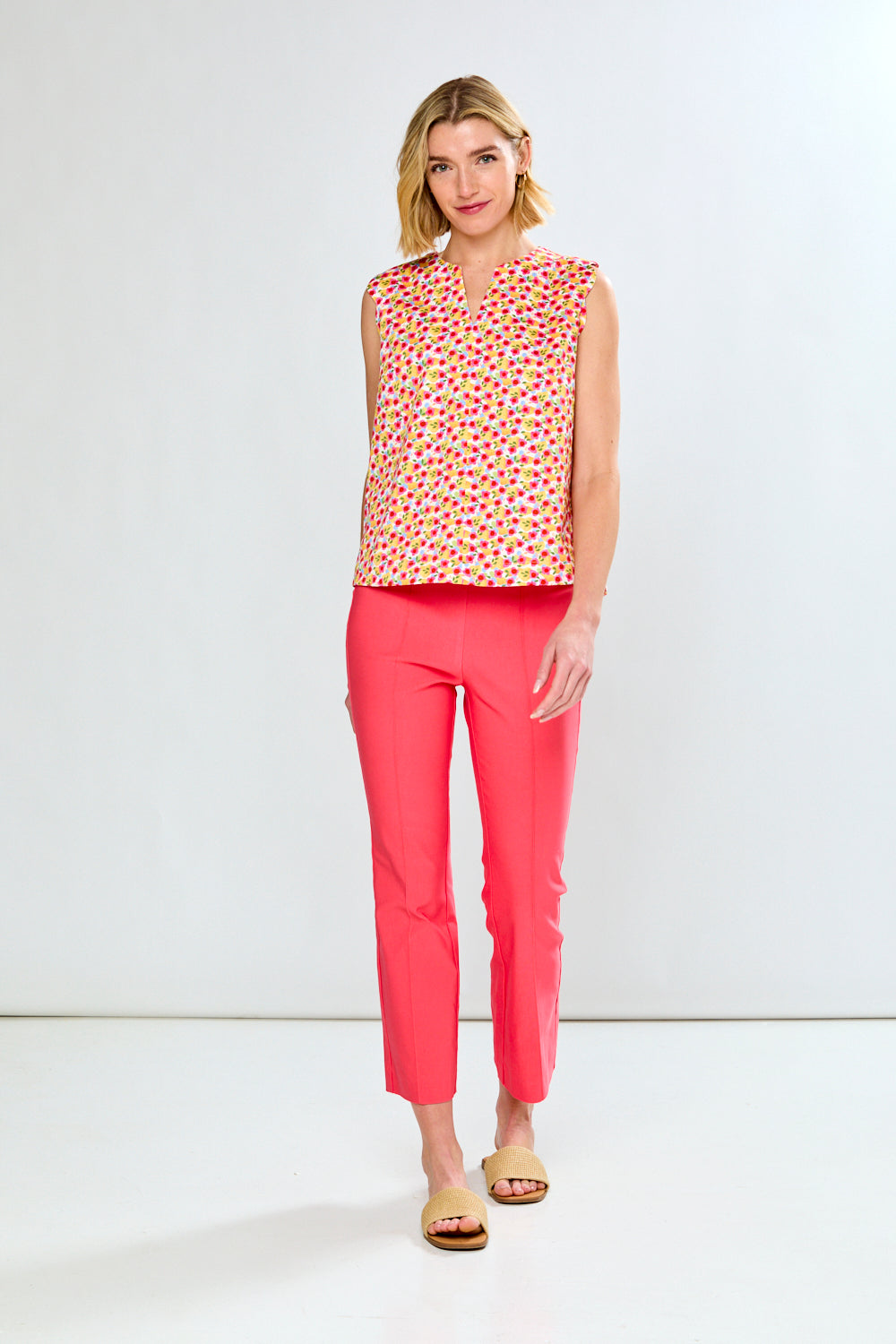 woman in pink floral blouse