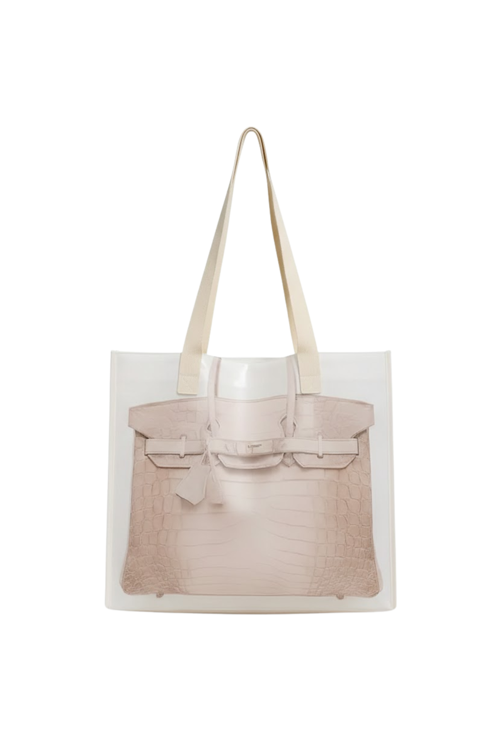 Beige tote bag with a plain white background