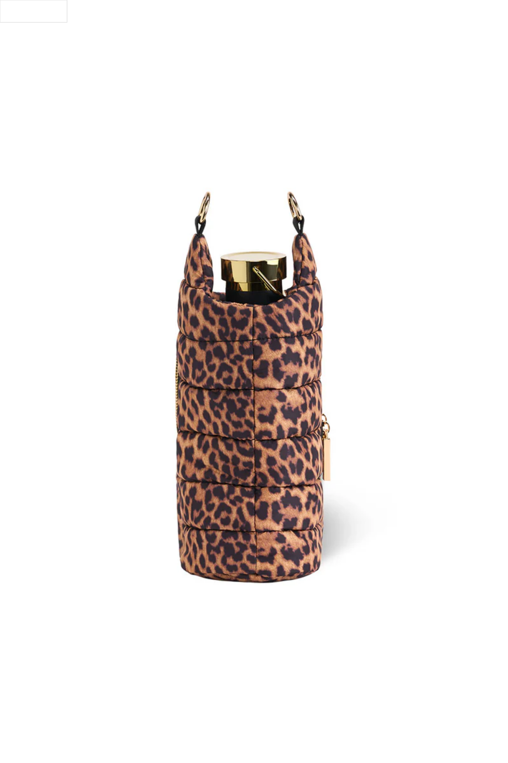 Leopard print water bottle crossbody bag with a black strap on a white background