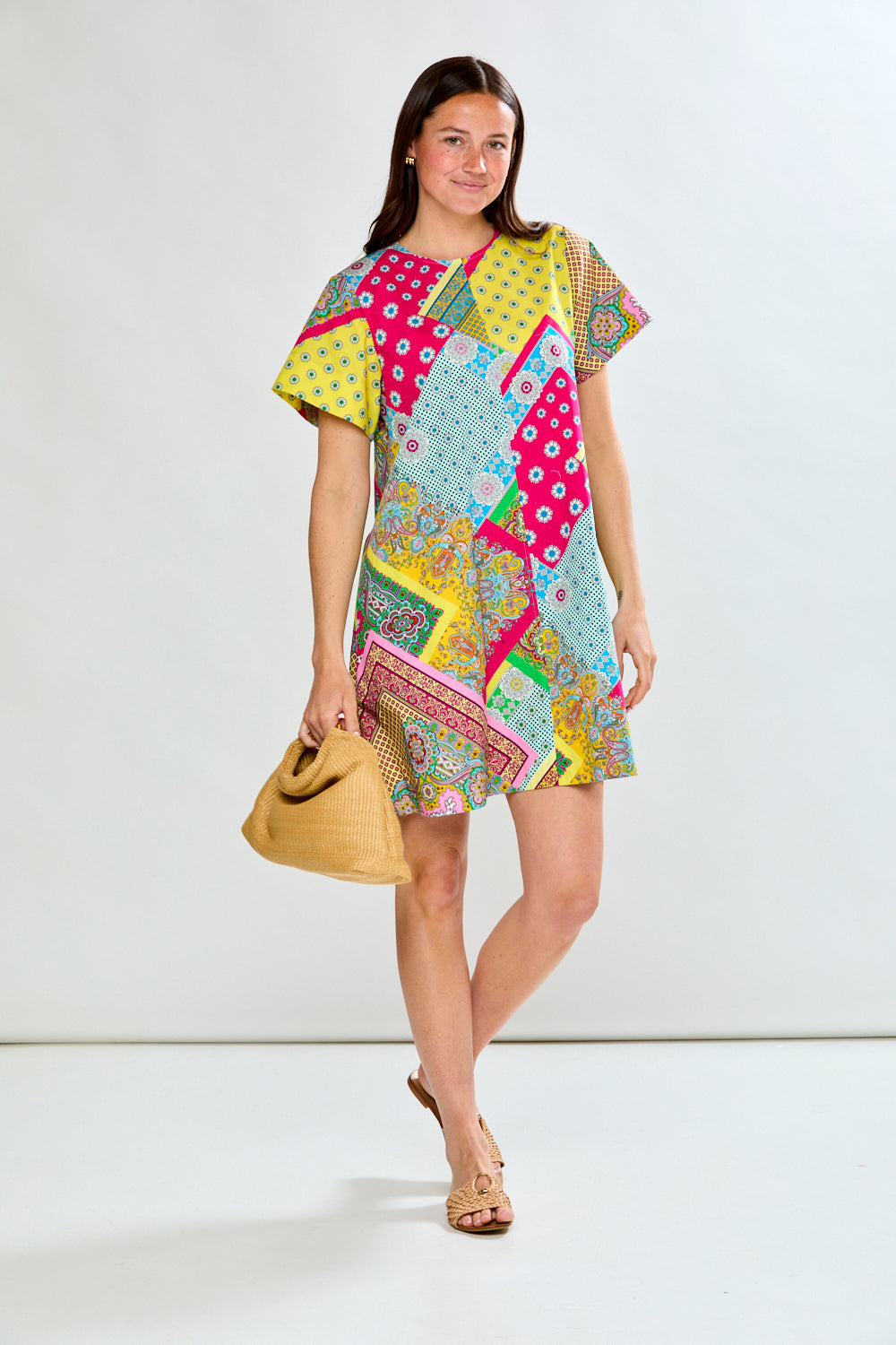 Woman wearing scarf print short dress