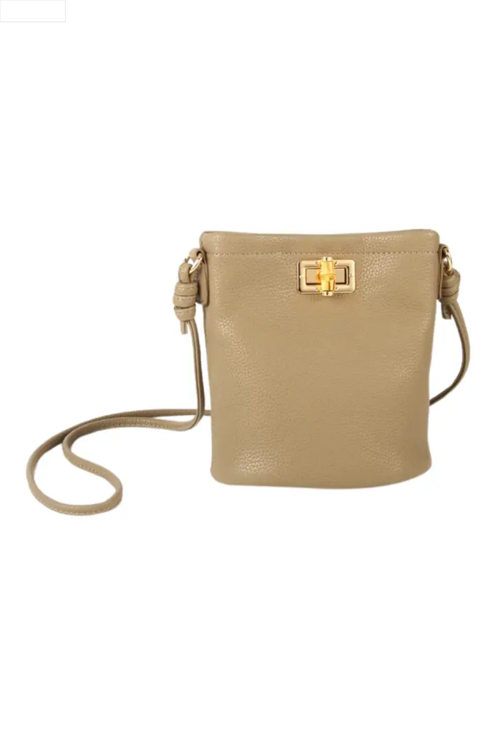 Beige handbag with a gold clasp on a white background