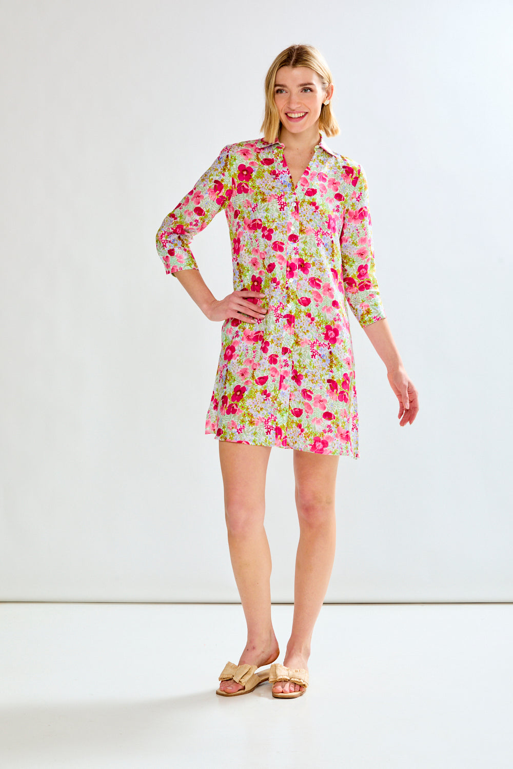 Woman in floral linen dress