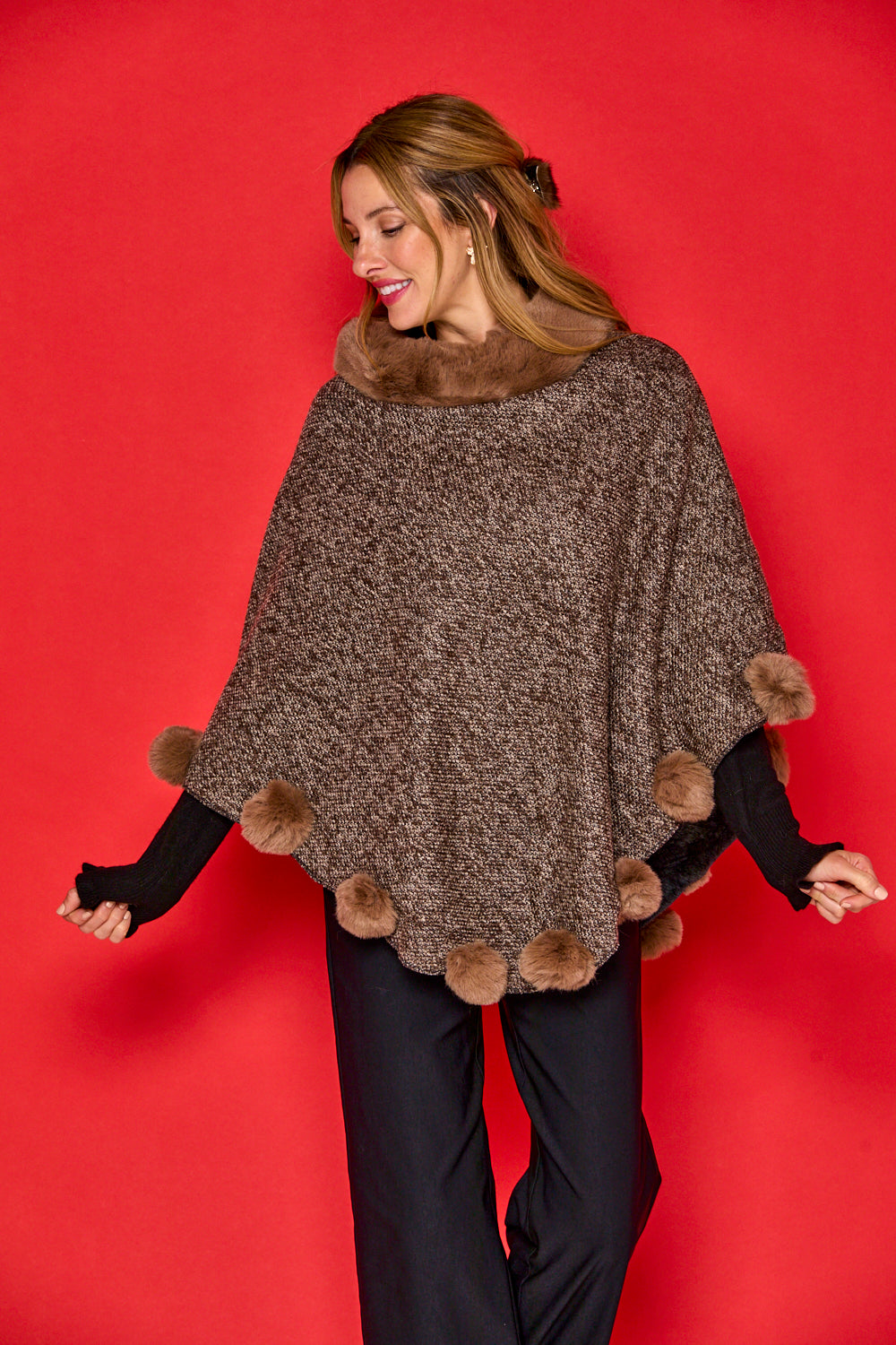 Posey Faux Fur Pom Pom Poncho