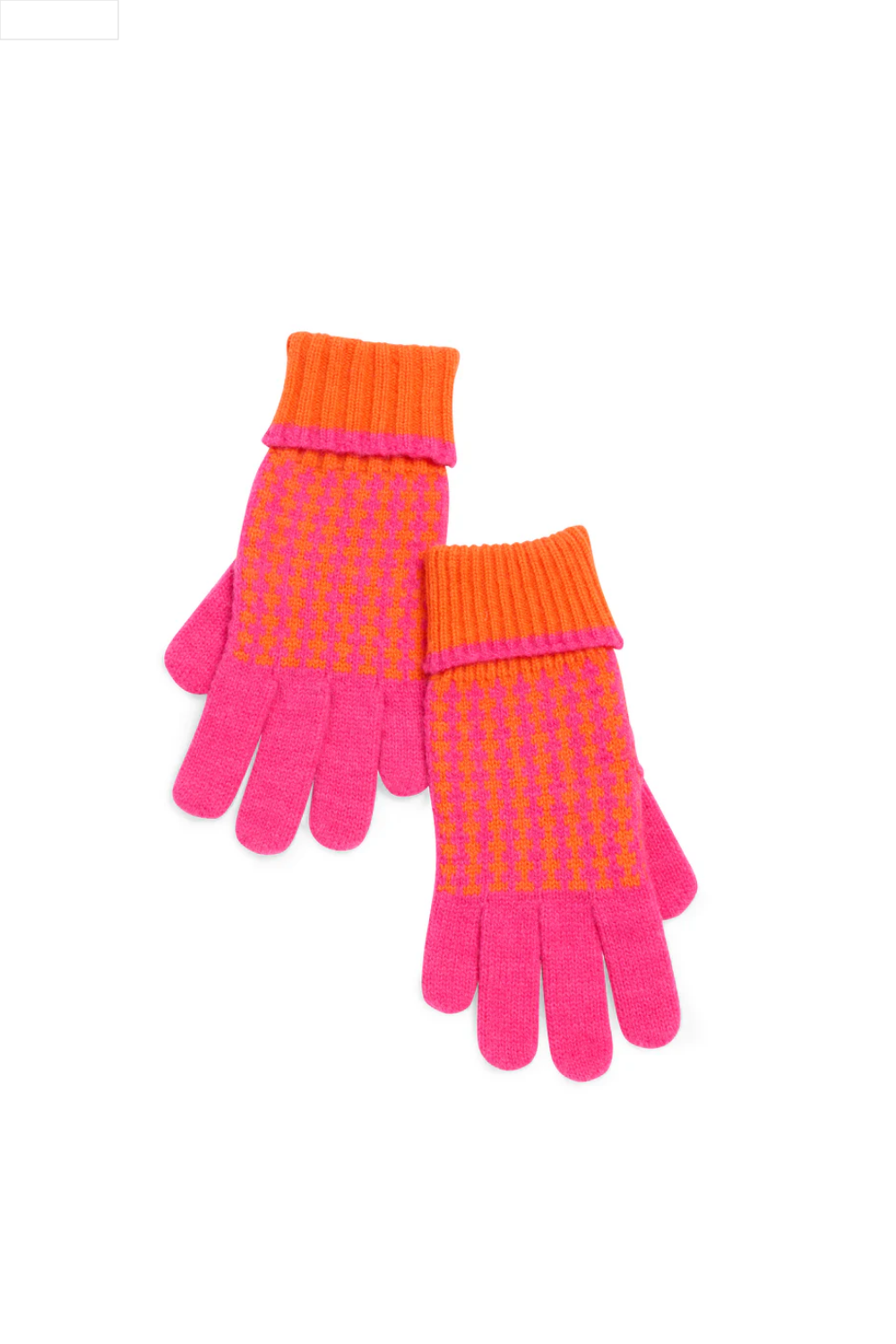 Pair of pink gloves with orange cuffs on a white background