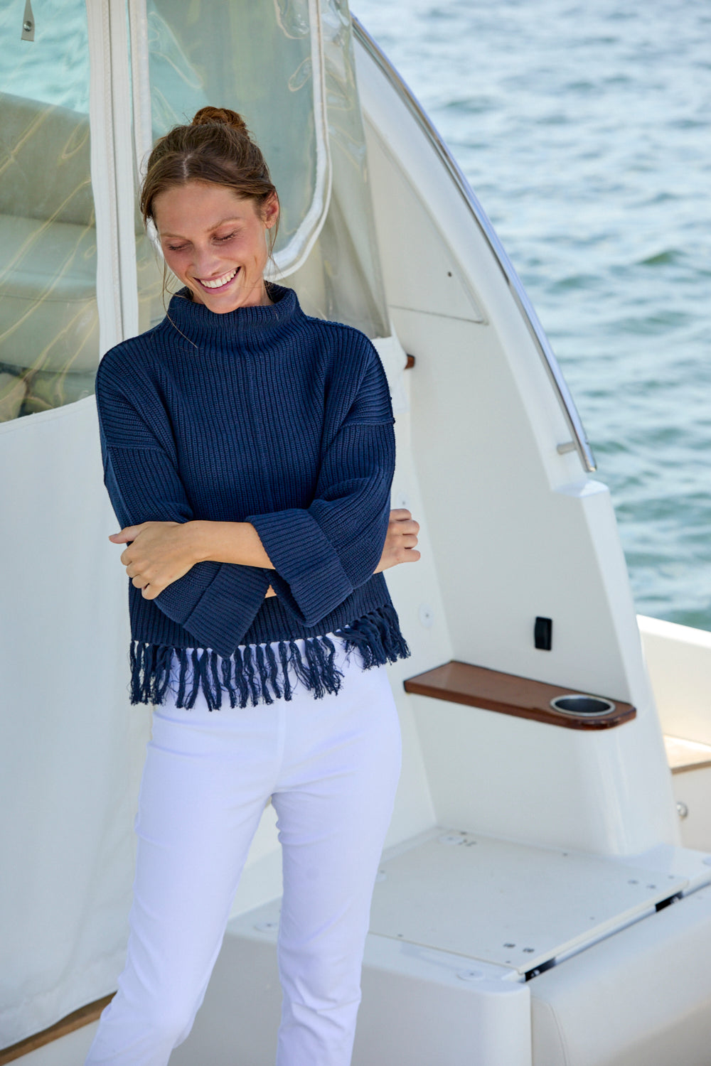 The Fringed Cotton Pullover in Navy