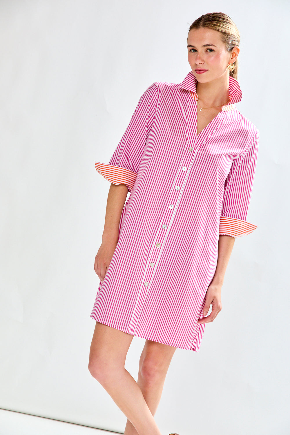 Pink and orange striped shirtdress 