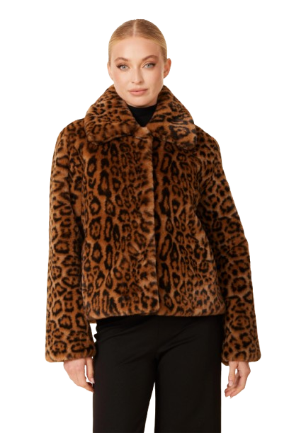 Woman wearing a leopard print coat on a white background