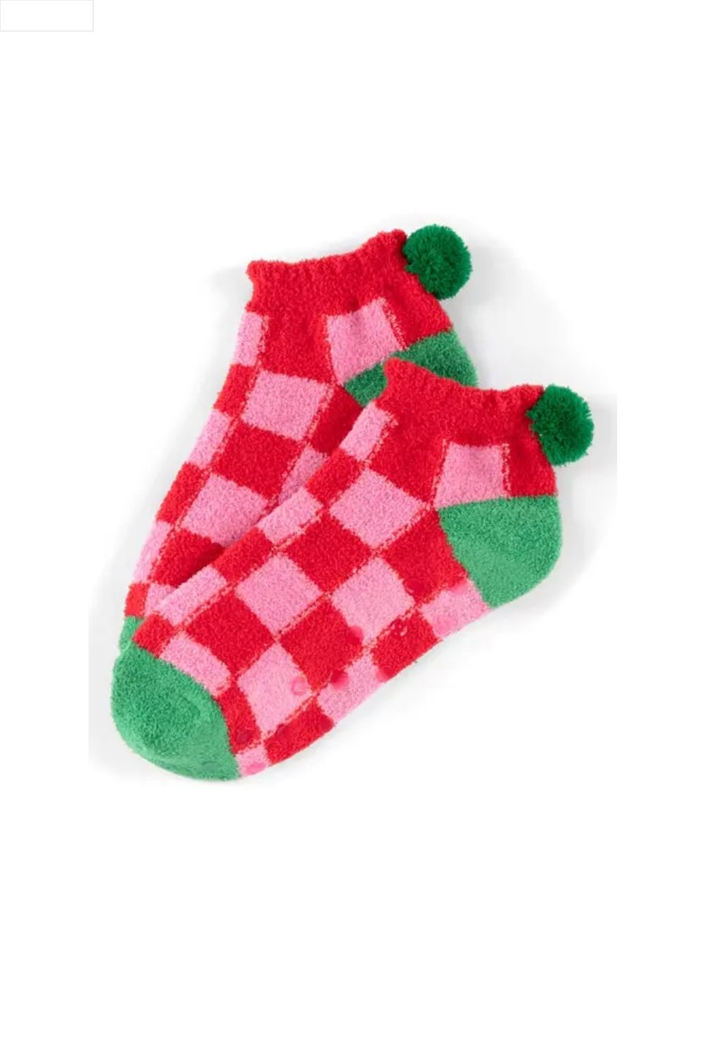 Pair of red and pink checkered socks with green accents on a white background