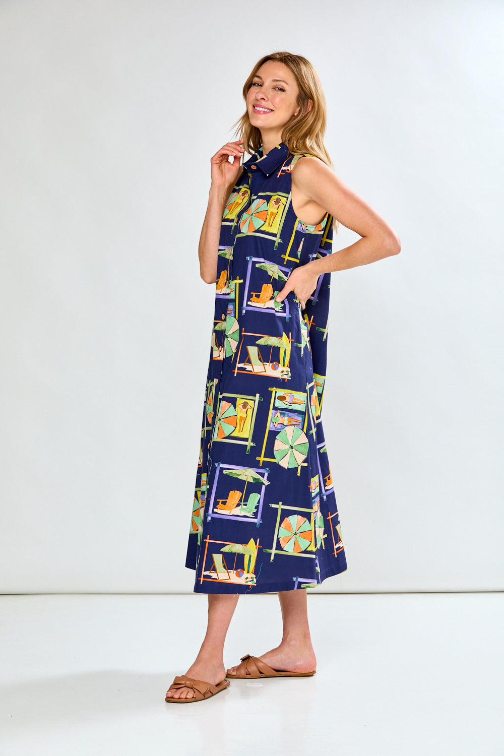 Woman in navy printed dress